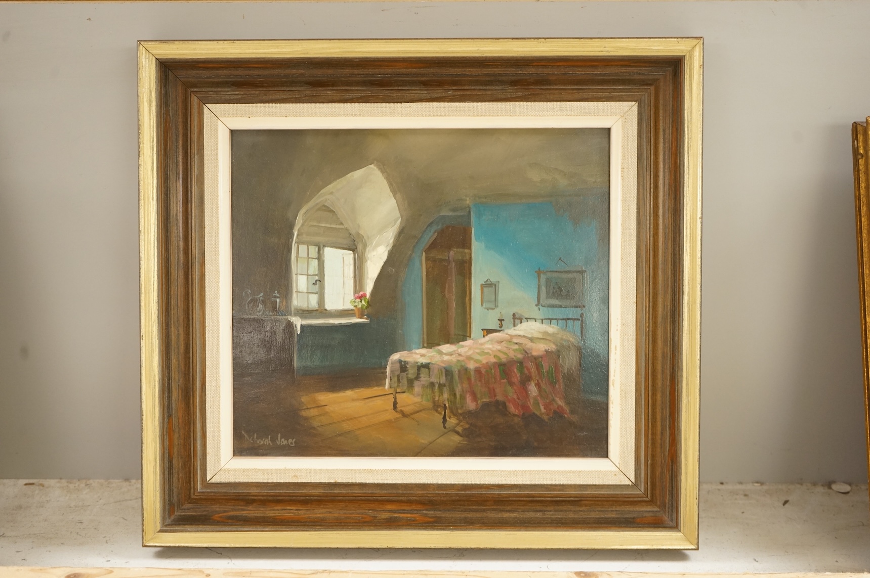 Deborah Jones (contemporary), Flowers on windowsill, signed, oil on board, details verso, 21 x 24cm